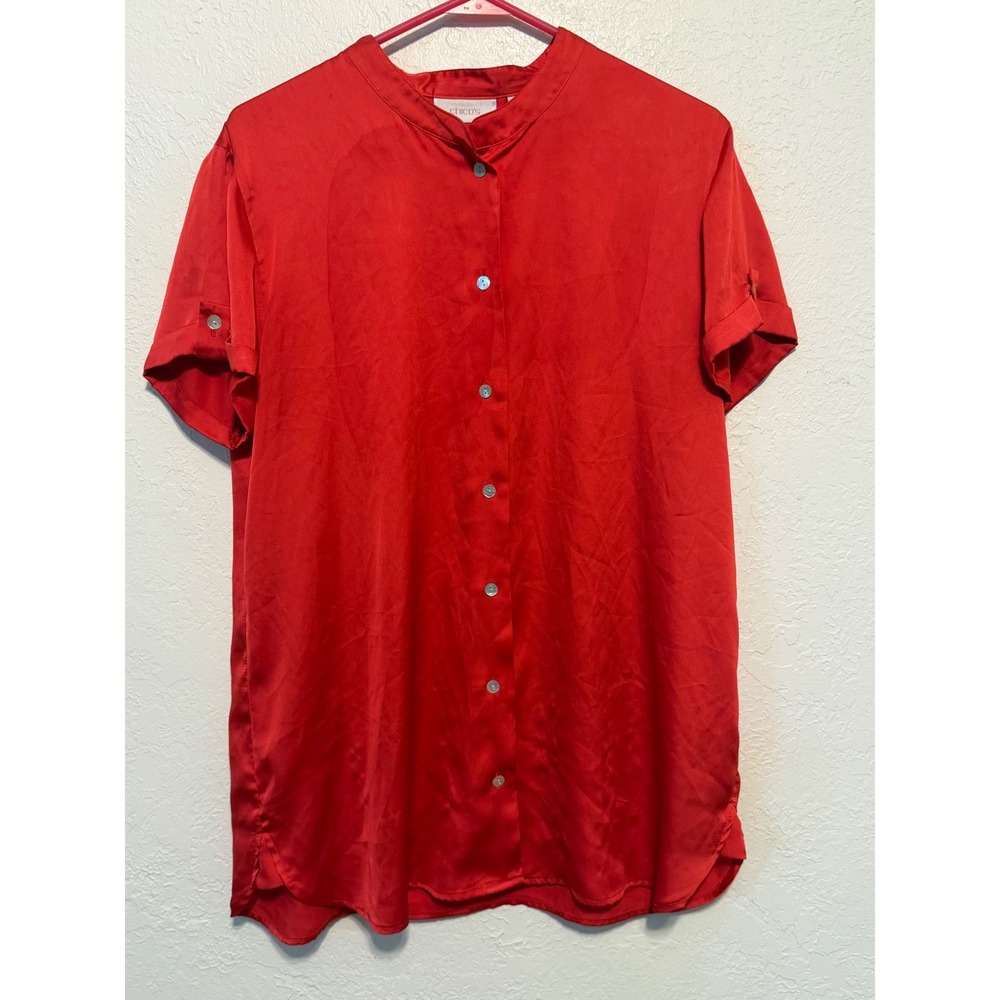 Chico's Red Satin Button Up Tunic Top Mandarin Collar Short Sleeve Size 2 Large